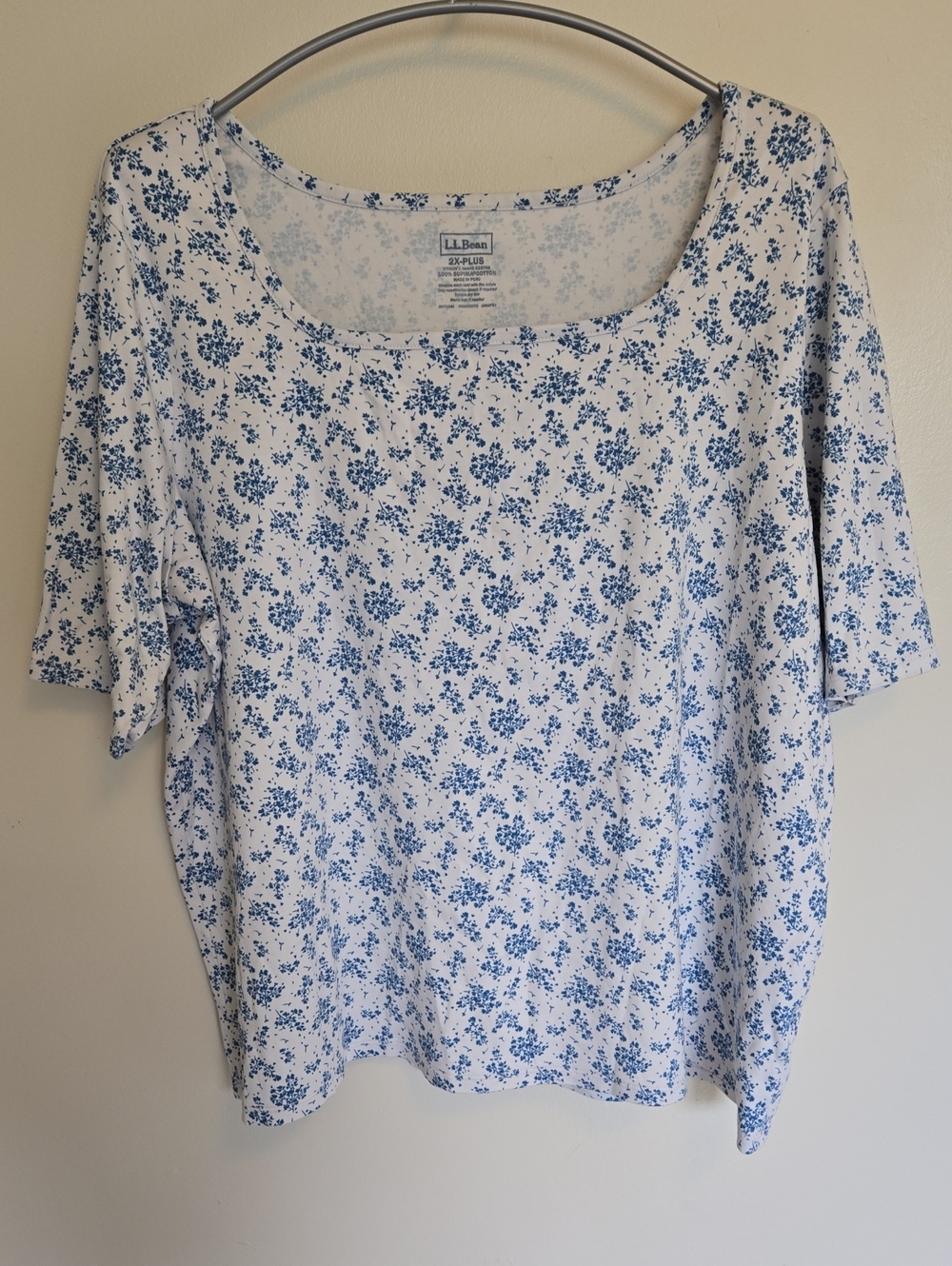 L.L.Bean 100% Pima Cotton Soft Squareneck Tee Shirt 2X Blue White Floral Coastal